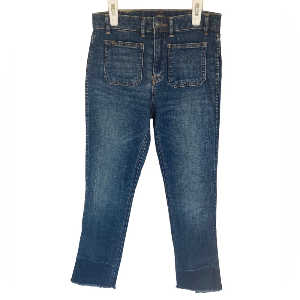 Polo Ralph Lauren Girl's Blue‎ Cotton Straight Slim Jeans Fringe Hem Size 16